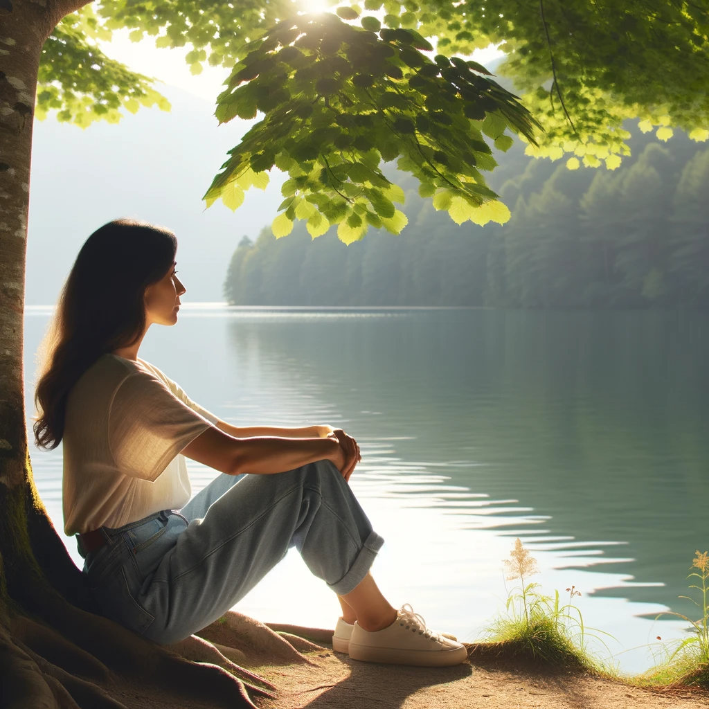 Hispanic woman sitting peacefully by a lakeside, reflecting alone in nature, symbolizing self-discovery and independence as she breaks free of her codependency.