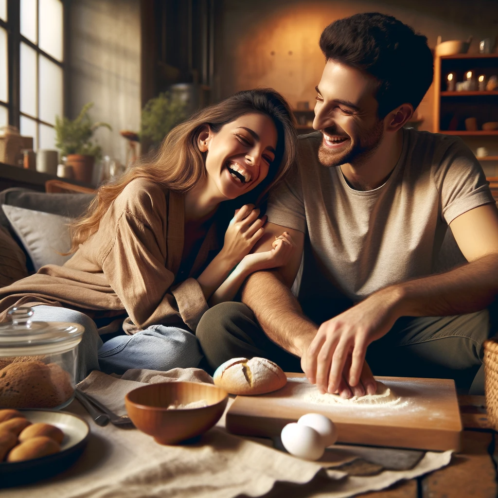 couple sharing emotional intimacy by cooking together and laughing together