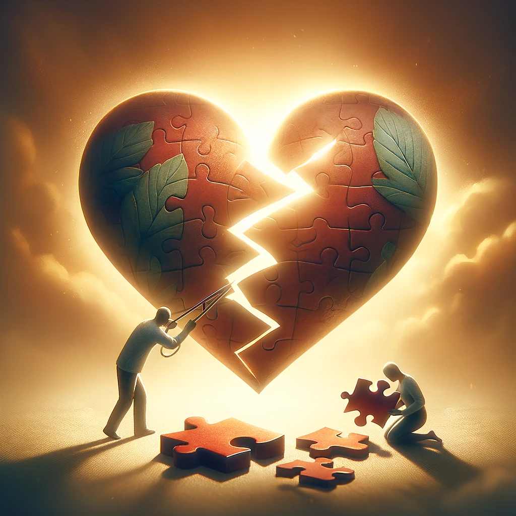 Broken heart being mended with puzzle pieces by two silhouetted figures, representing the healing process of surviving infidelity in marriage and the collaborative effort to rebuild trust.